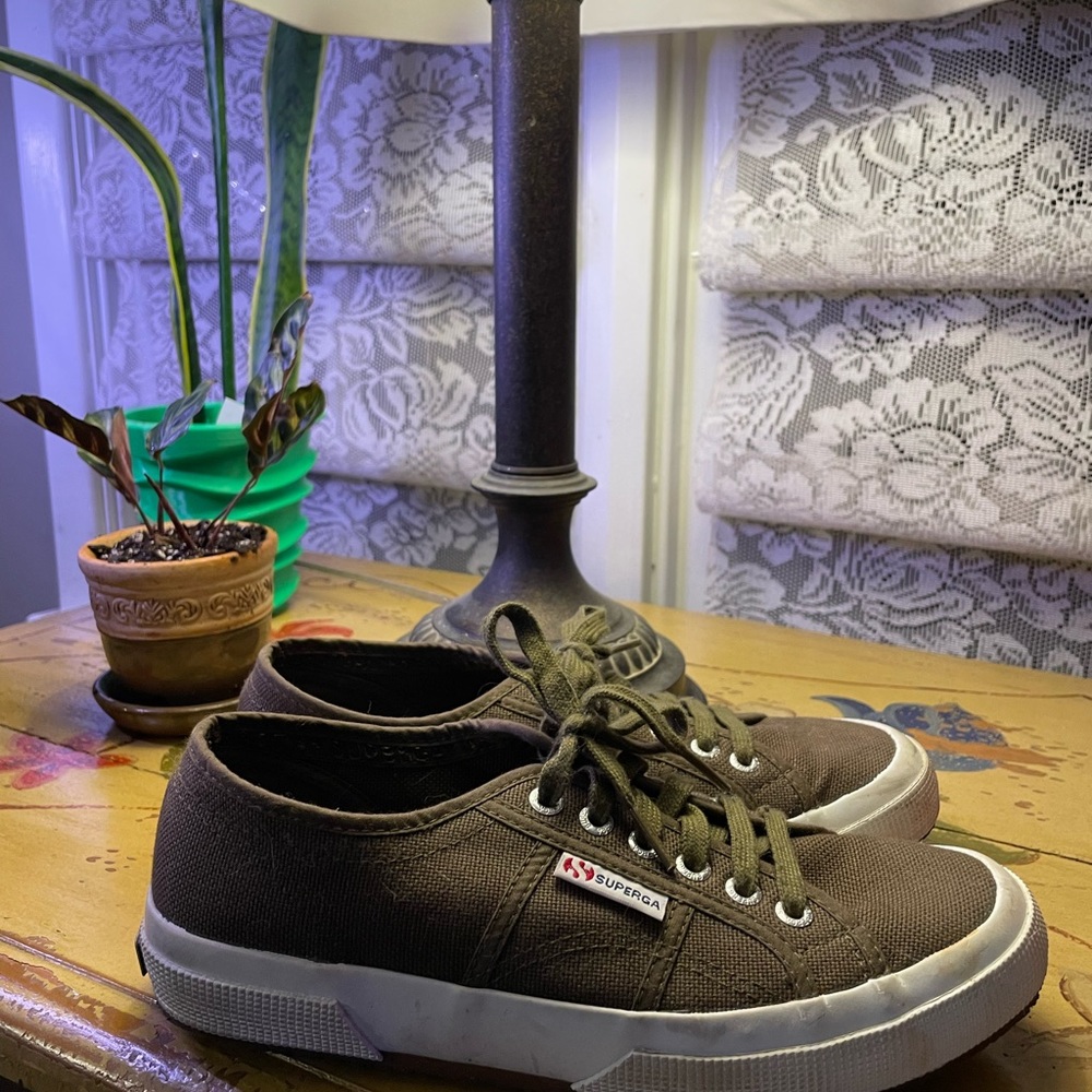 A VERY gently used pair of Superga sneakers for women size 8-khaki green.